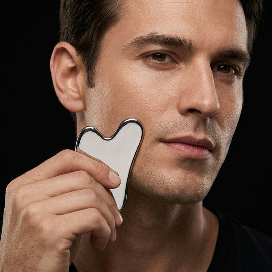 Gua sha en acier inoxydable pour homme, vue de face sur fond noir