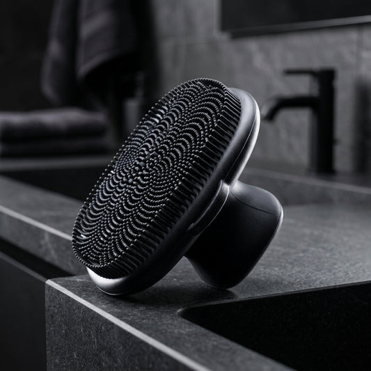 Brosse nettoyante silicone utilisée sur le visage, geste de nettoyage