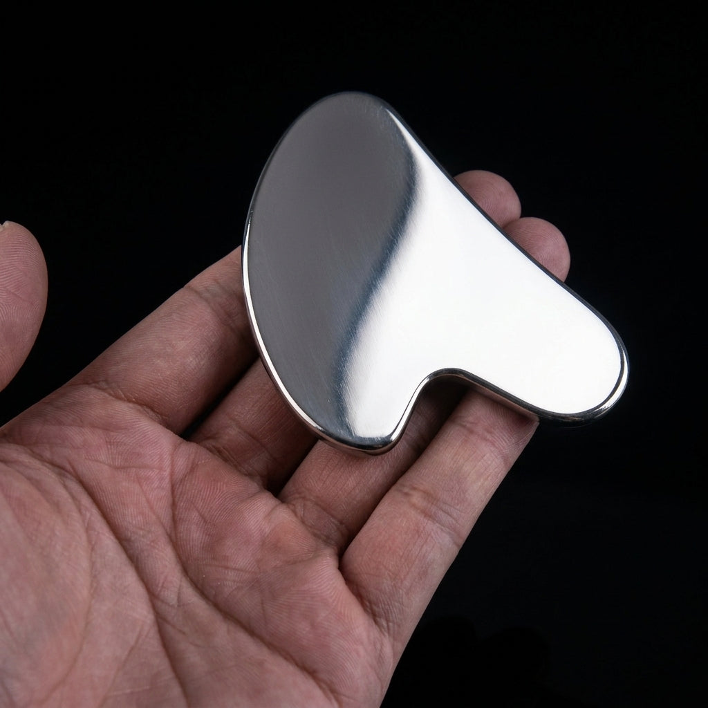 Gua sha inox Steelwave tenu en main, geste sur la mâchoire